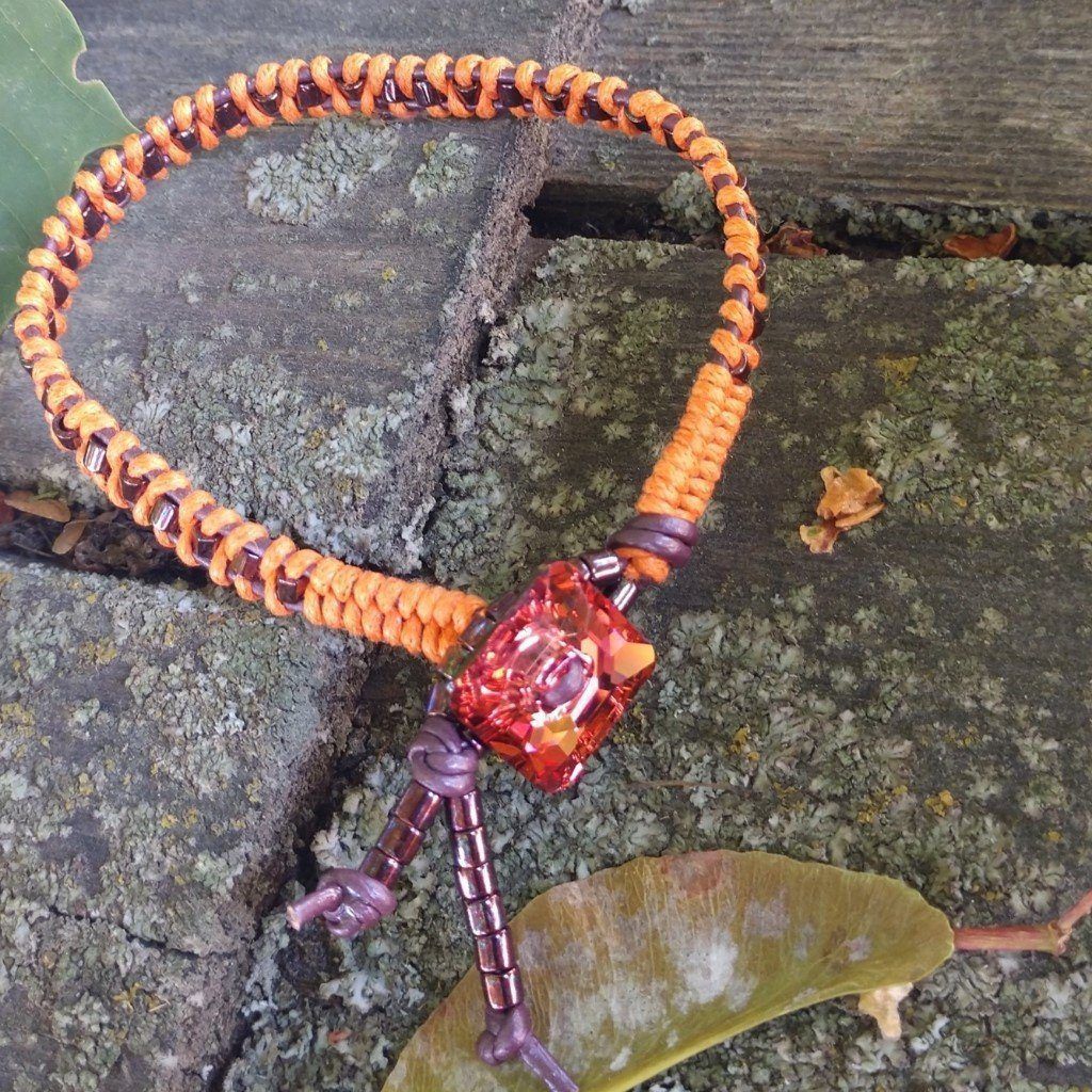 Orange Purple Braided Leather Crystal Button Bracelet