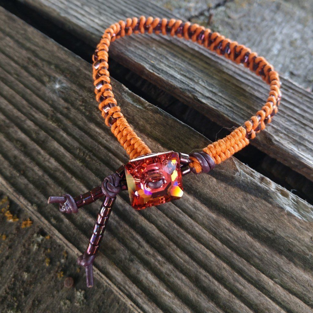 Orange Purple Braided Leather Crystal Button Bracelet