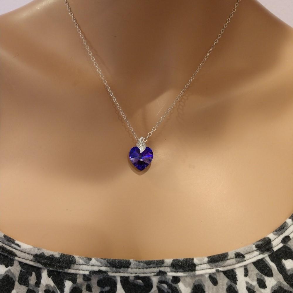 Purple Crystal Heart Sterling Silver Leaf Necklace