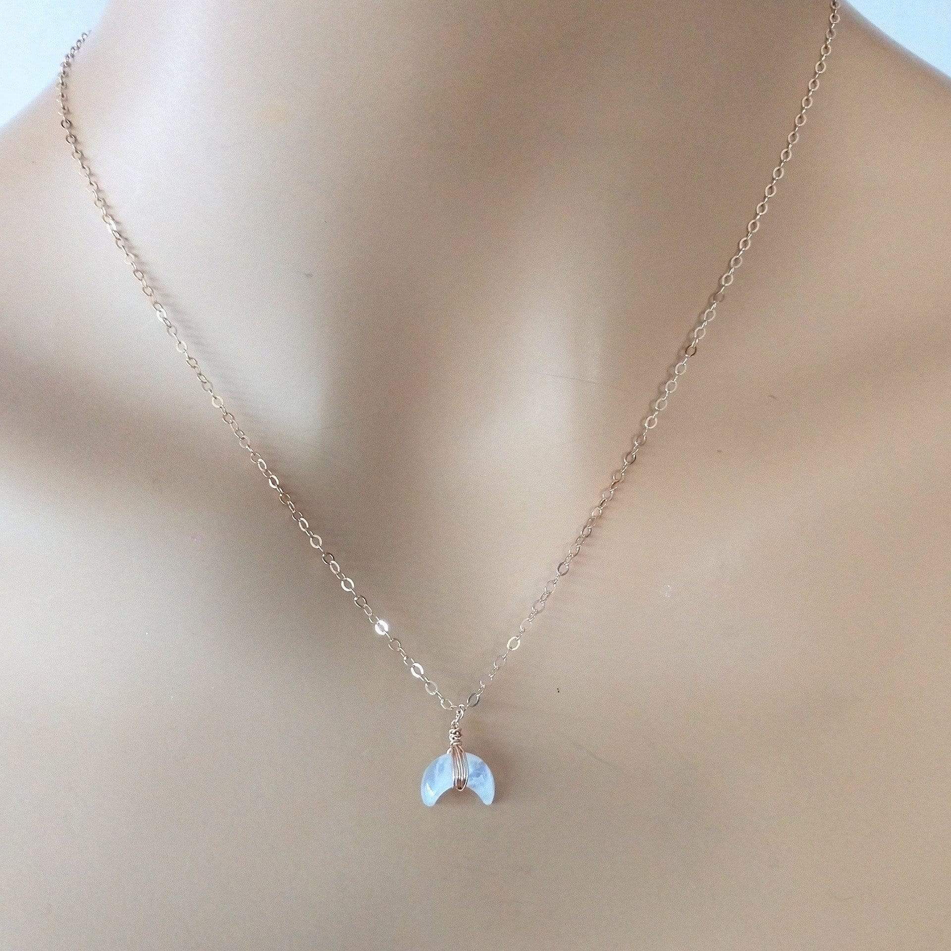 Rose Gold Wire Wrapped Crescent Moonstone Necklace