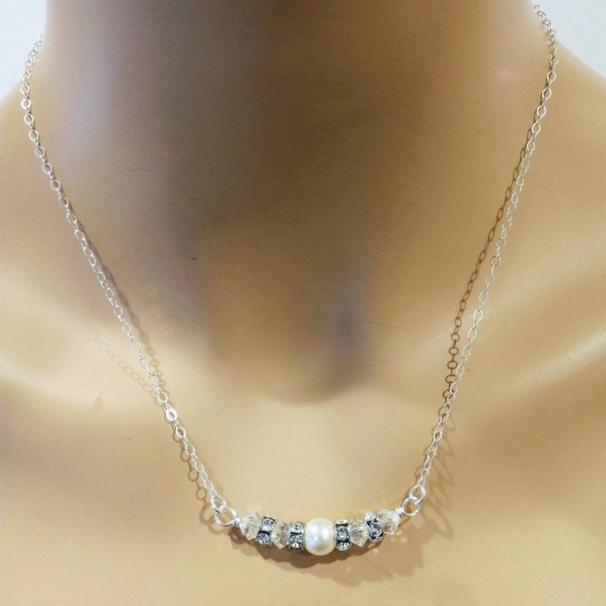 Silver Swarovski Crystal Pearl Bar Bridal Necklace