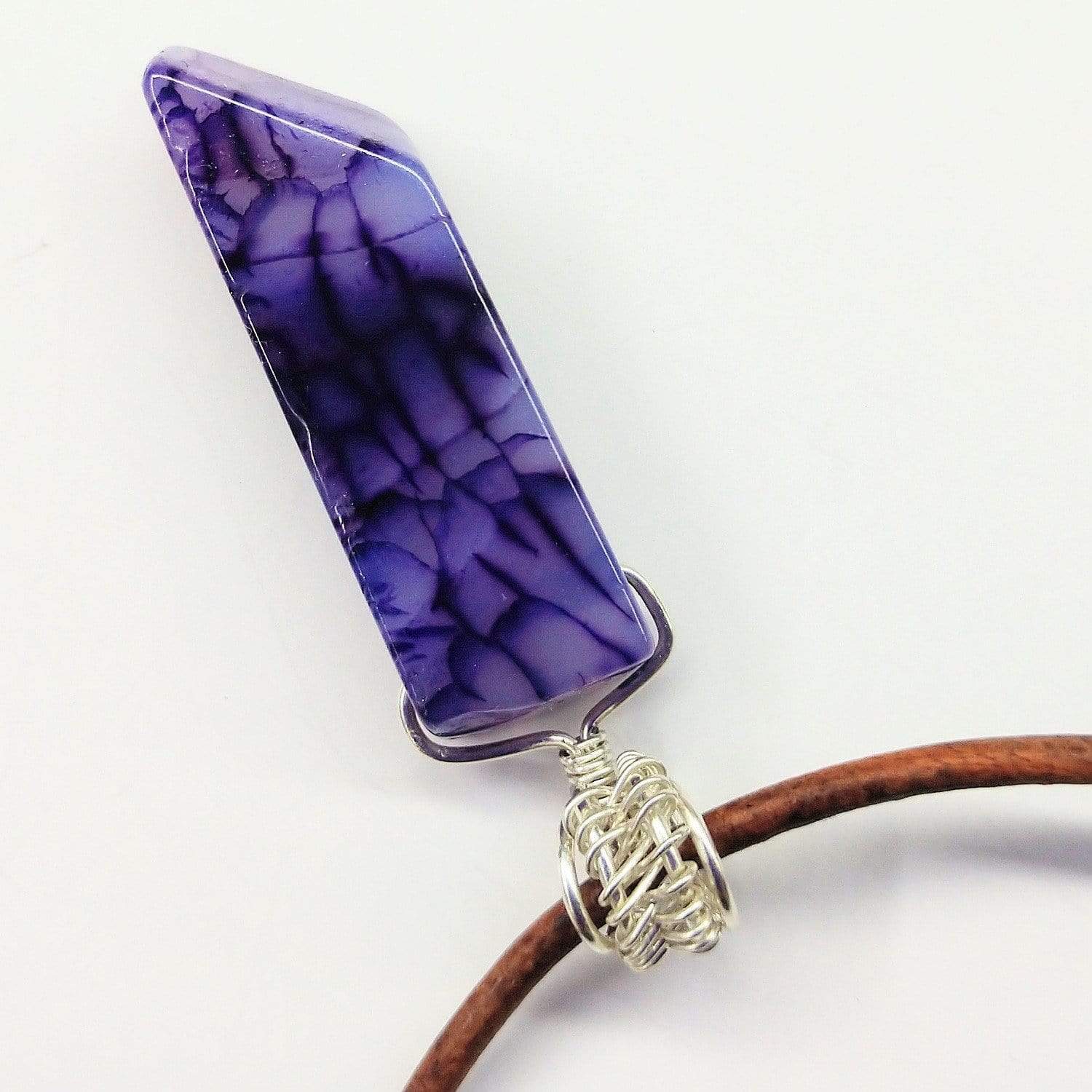 Silver Wrapped Purple Dyed Crackle Agate Point Leather Necklace