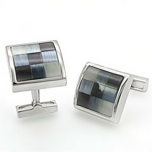 LO1371 - Rhodium Brass Cufflink with Semi-Precious Cat Eye in Multi