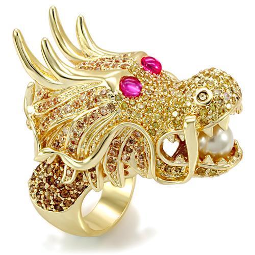 LO1477 - Imitation Gold Brass Ring with Synthetic Glass Bead in White | Turquoise Tiger