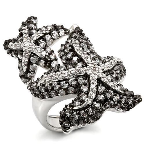 LO1581 - Rhodium + Ruthenium Brass Ring with AAA Grade CZ in Clear