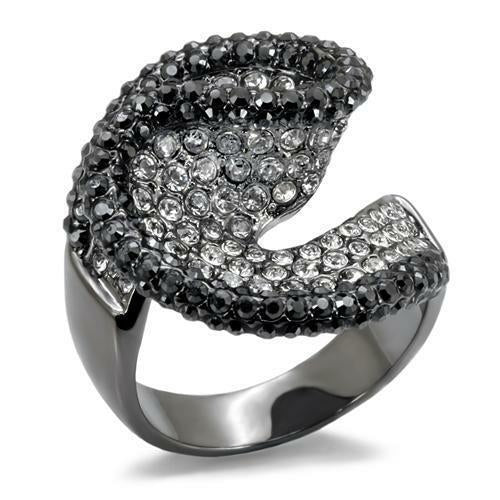 LO1678 - TIN Cobalt Black Brass Ring with Top Grade Crystal in Jet