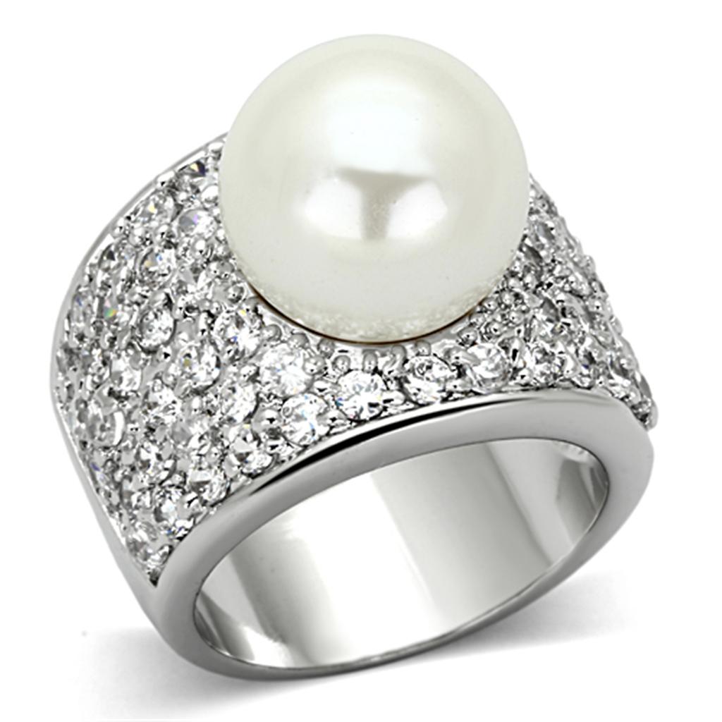 LO2951 - Rhodium Brass Ring with Synthetic Pearl in White