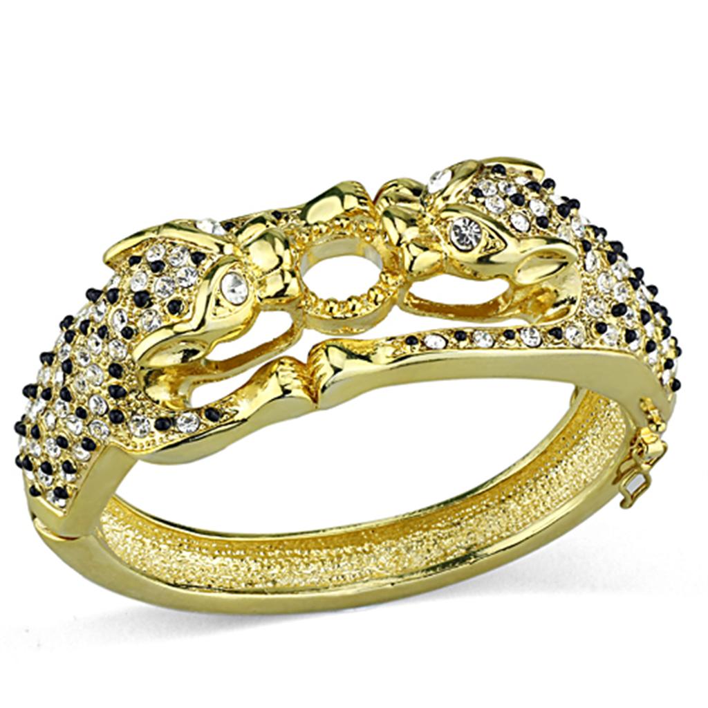 LO3083 - Gold Brass Bangle with Top Grade Crystal in Clear | Turquoise Tiger