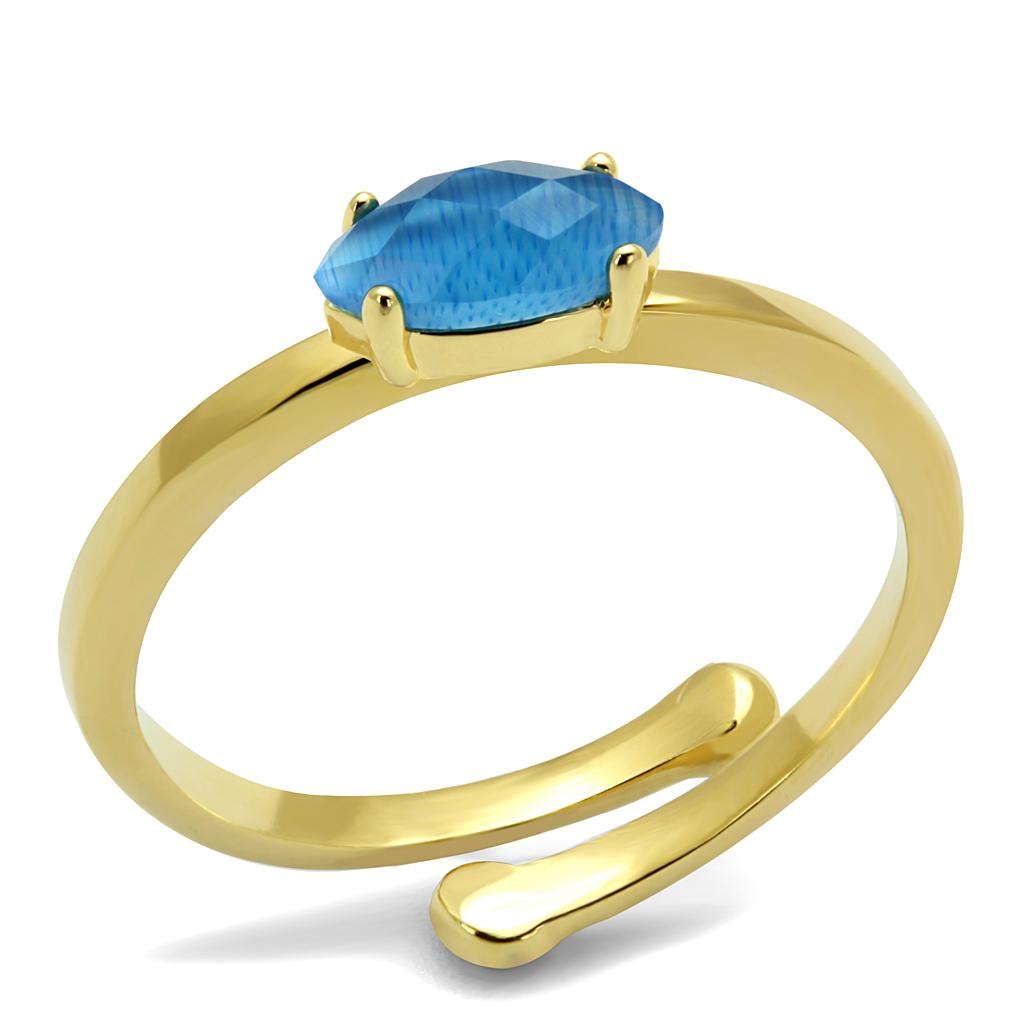 LO4064 - Flash Gold Brass Ring with Synthetic Cat Eye in Capri Blue | Turquoise Tiger