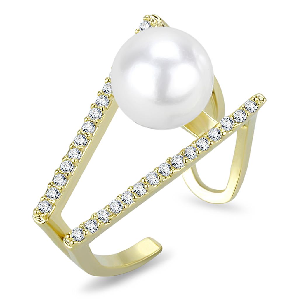 LO4246 - Flash Gold Brass Ring with Synthetic Pearl in White | Turquoise Tiger