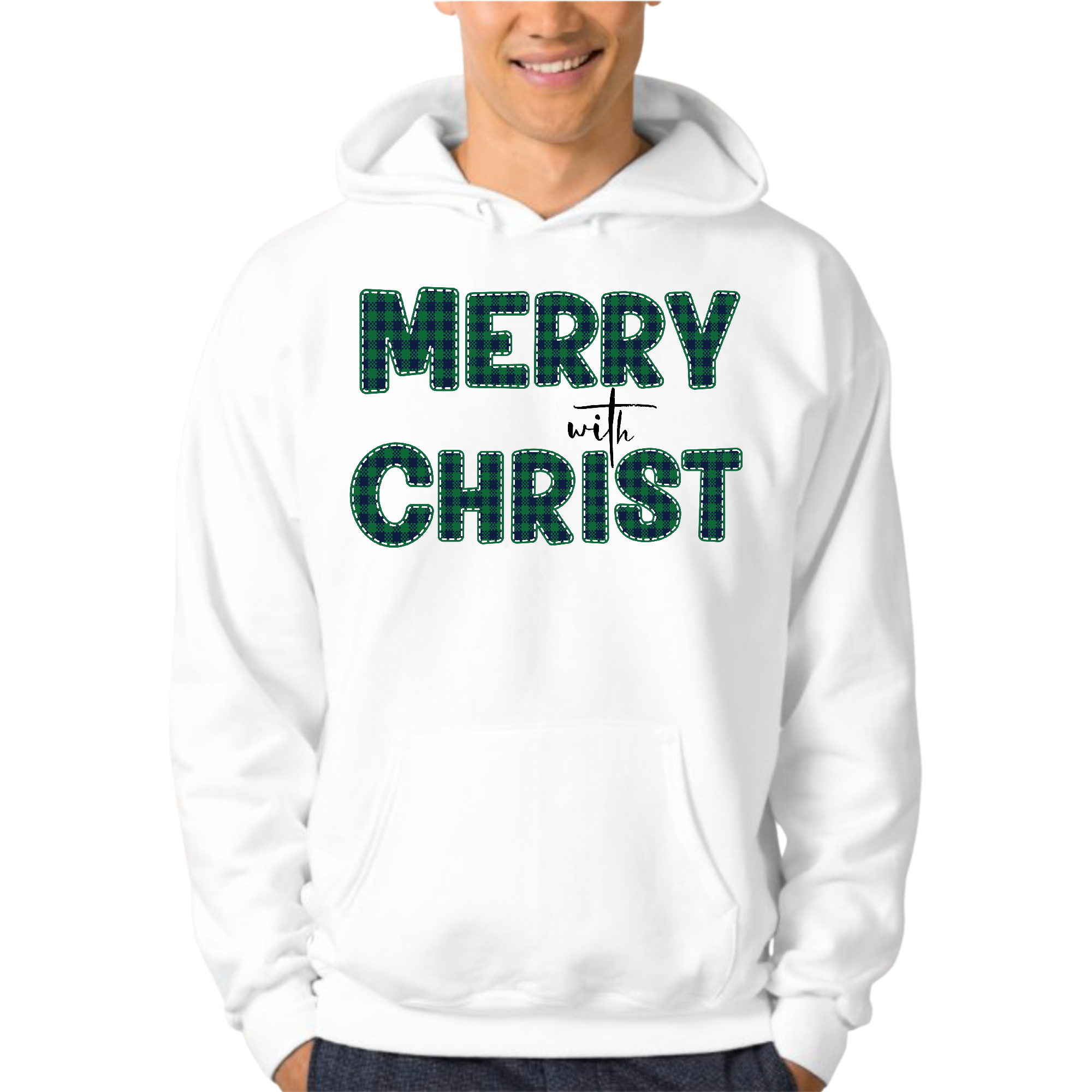 Uniquely You Hoodie, Merry With Christ, Green Plaid Christmas Holiday