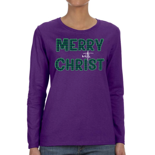 Uniquely You Womens Long Sleeve Tee, Merry With Christ, Green Plaid