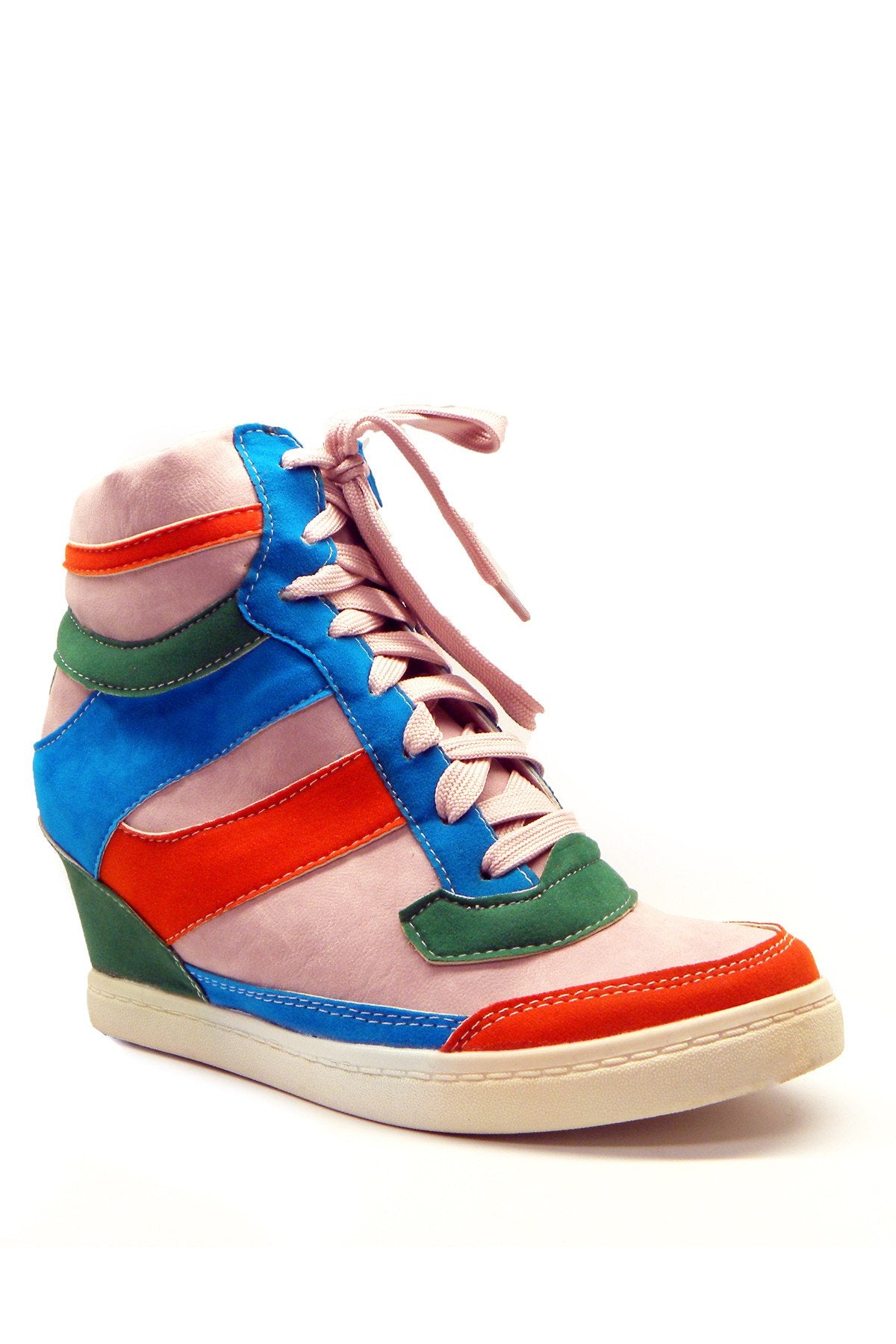 N.Y.L.A. Shoes Penthea Women's High Top Vegan Leather & Suede Wedge Sneakers in White or Pink Multi