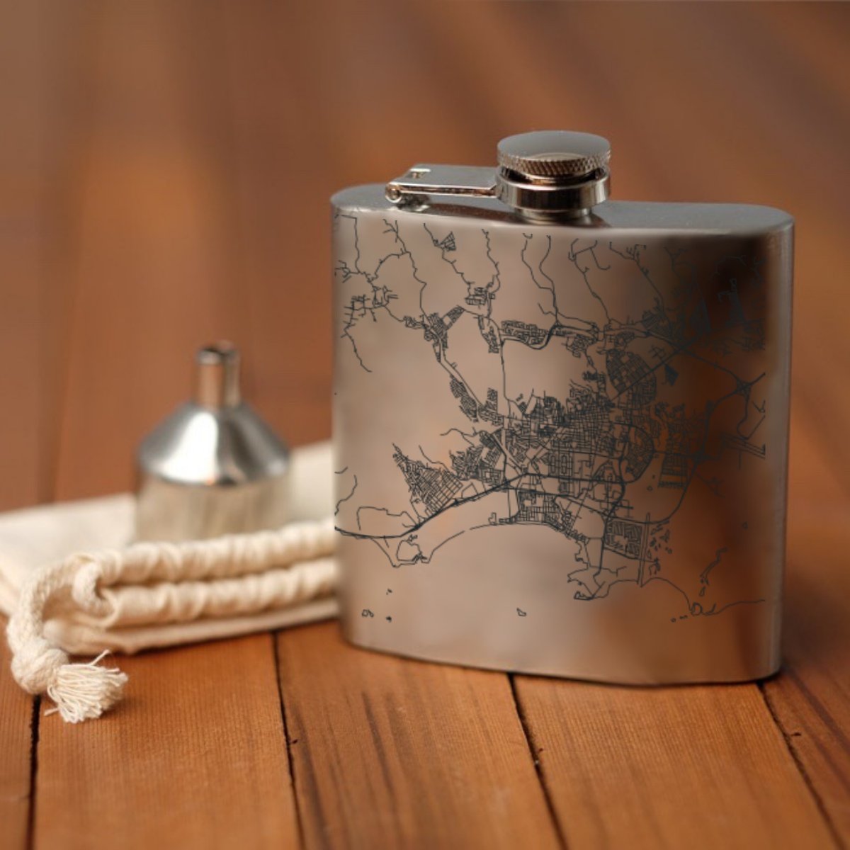 Ponce - Puerto Rico Engraved Map Hip Flask | Cyan Castor