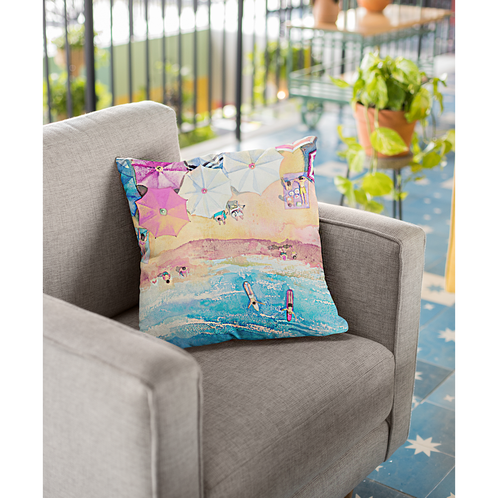Colorful Day at the Beach Square Pillow
