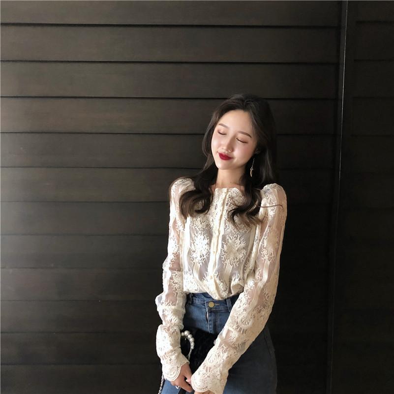 Mesh Pearls Shirts Strapless Lace Long Sleeve Gauze Stitching Blouse