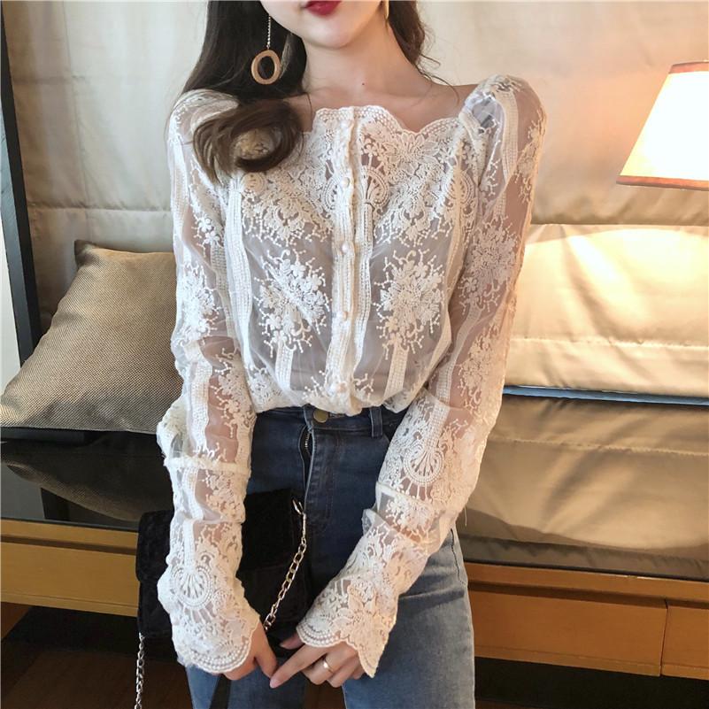 Mesh Pearls Shirts Strapless Lace Long Sleeve Gauze Stitching Blouse