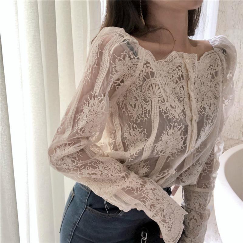 Mesh Pearls Shirts Strapless Lace Long Sleeve Gauze Stitching Blouse