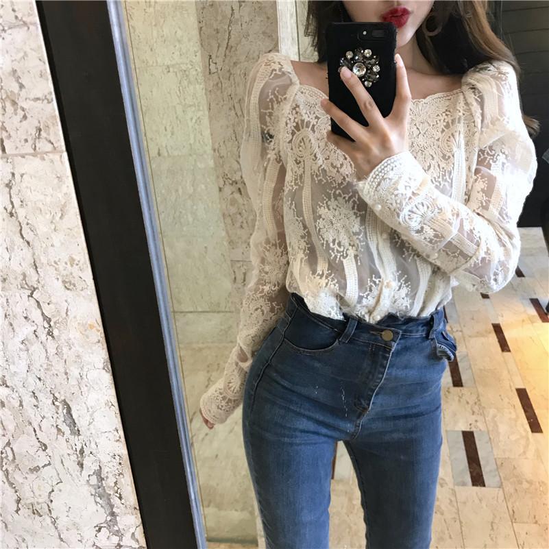 Mesh Pearls Shirts Strapless Lace Long Sleeve Gauze Stitching Blouse