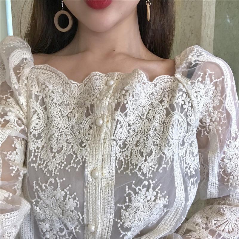 Mesh Pearls Shirts Strapless Lace Long Sleeve Gauze Stitching Blouse