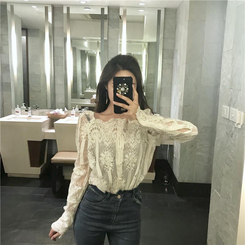 Mesh Pearls Shirts Strapless Lace Long Sleeve Gauze Stitching Blouse