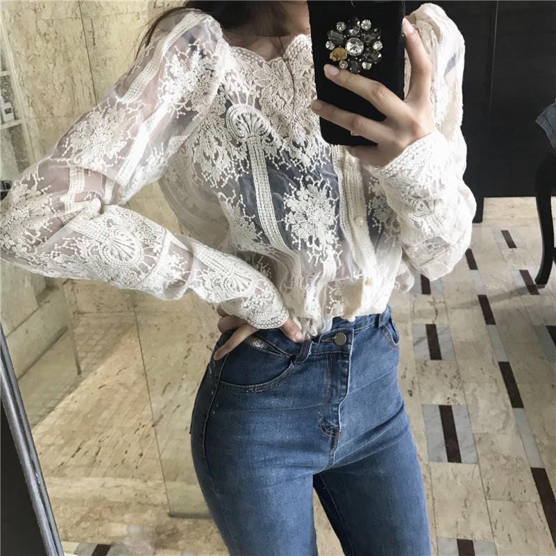 Mesh Pearls Shirts Strapless Lace Long Sleeve Gauze Stitching Blouse