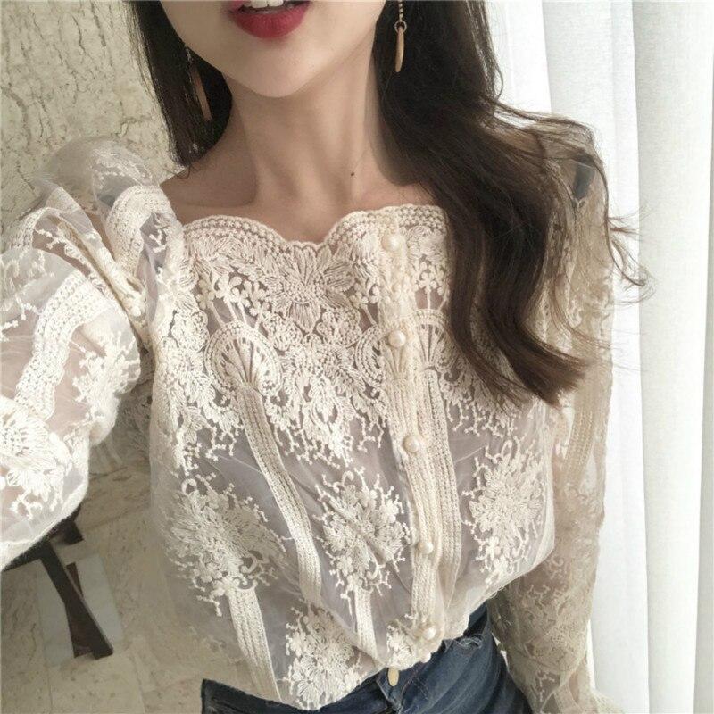 Mesh Pearls Shirts Strapless Lace Long Sleeve Gauze Stitching Blouse