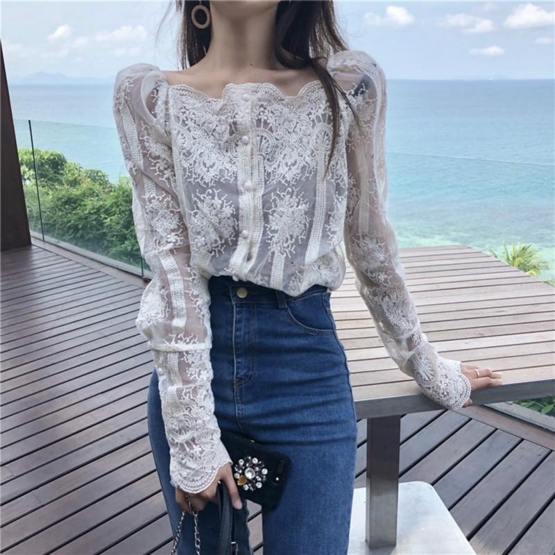 Mesh Pearls Shirts Strapless Lace Long Sleeve Gauze Stitching Blouse