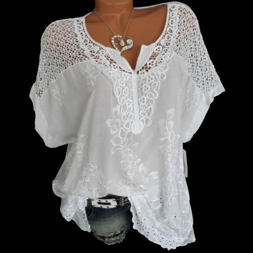 Women's Lace Blouses V Neck Short Sleeve Batwing White