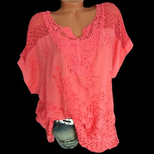 Women's Lace Blouses V Neck Short Sleeve Batwing White