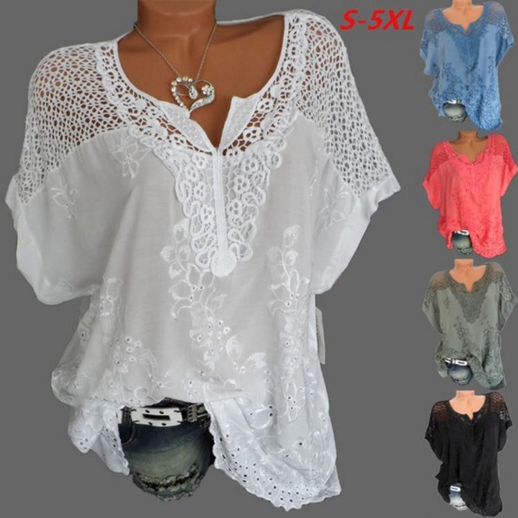 Women's Lace Blouses V Neck Short Sleeve Batwing White