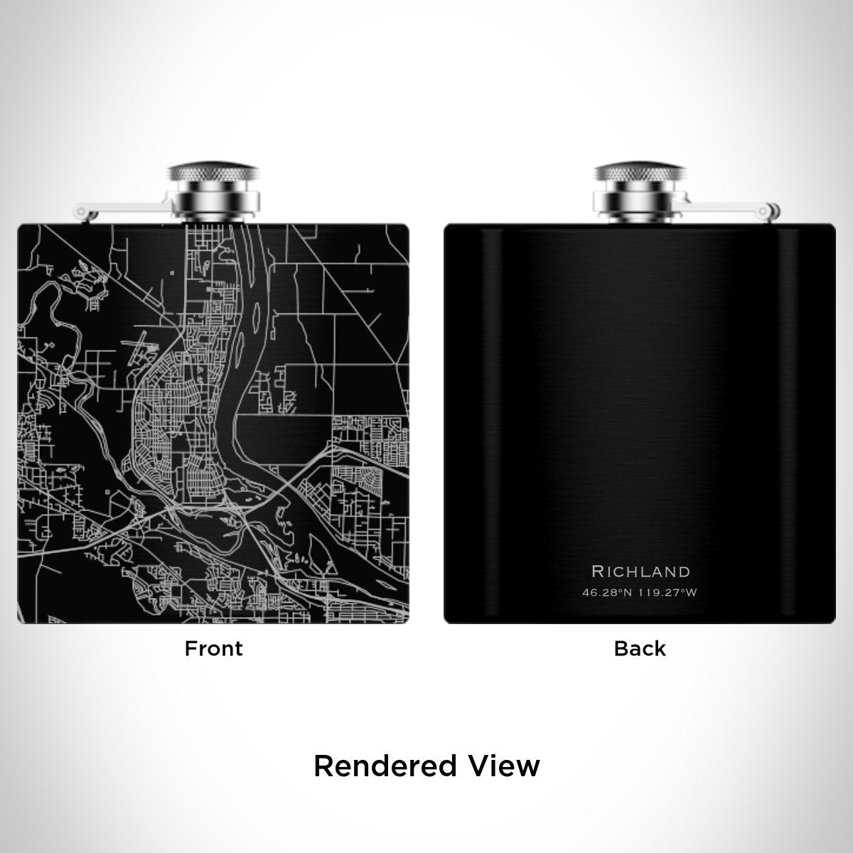 Richland - Washington Engraved Map Hip Flask in Matte Black | Cyan Castor