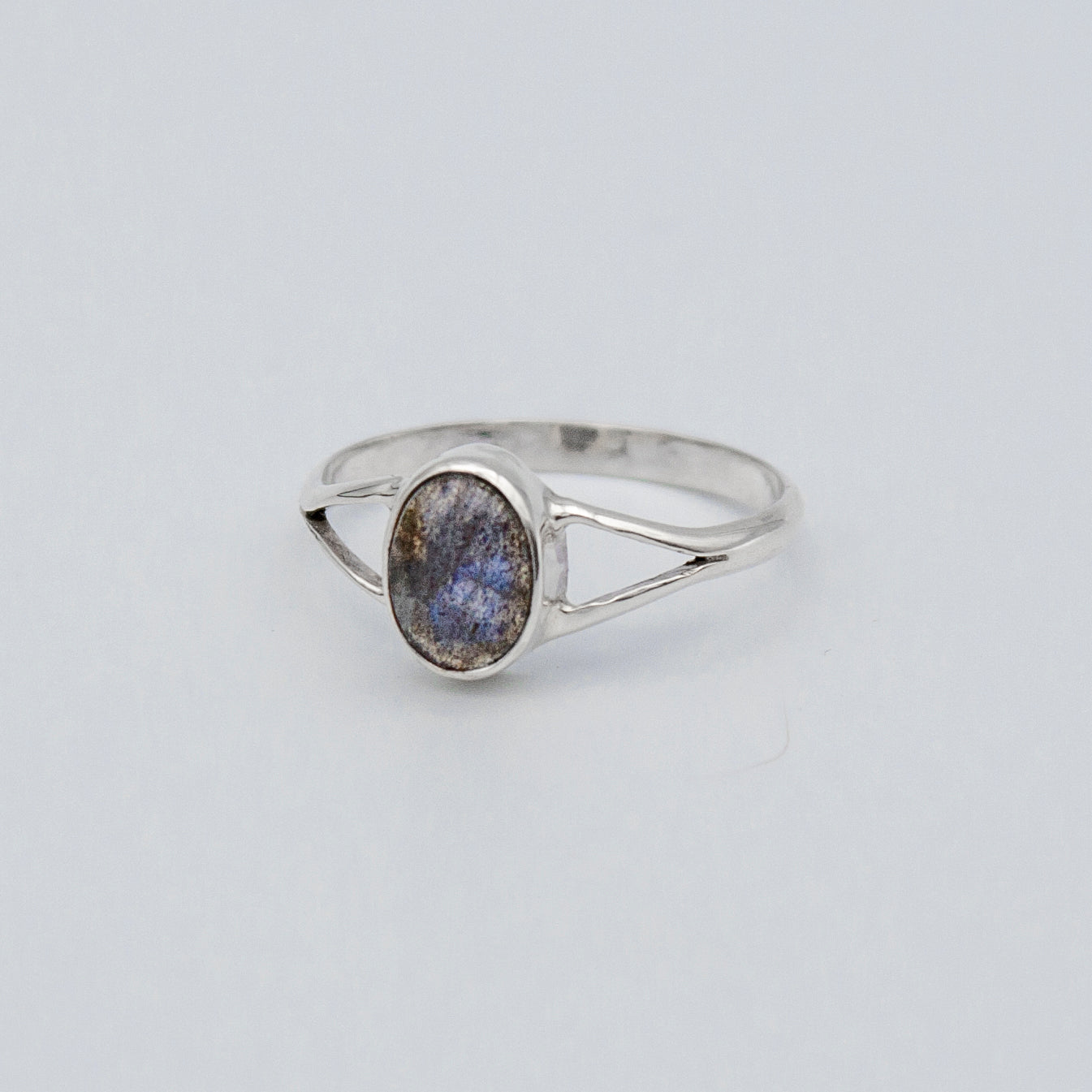 Oval Labradorite Bezel Split Shank Sterling Silver Ring