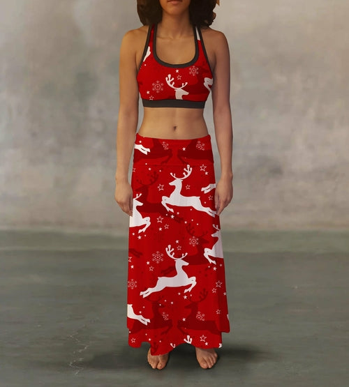 Red White Reindeer Maxi Skirt