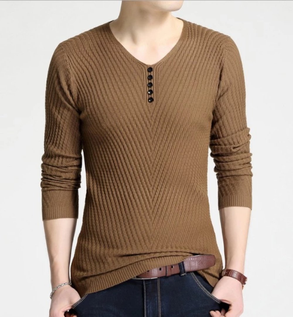 Mens Casual V Neck Sweater with Buttons Design | Yellow Pandora