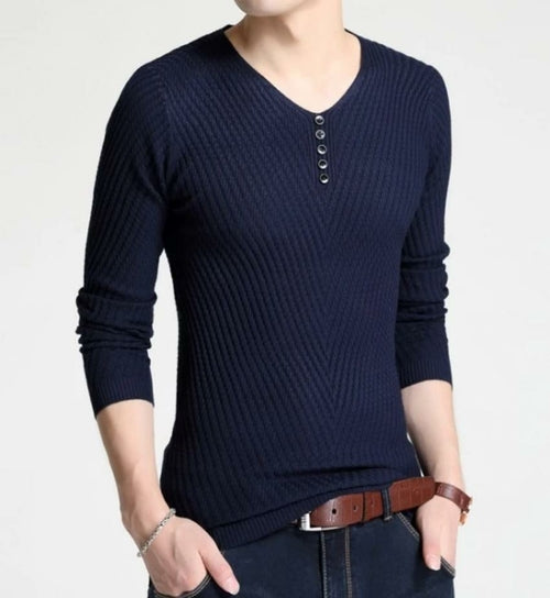 Mens Casual V Neck Sweater with Buttons Design