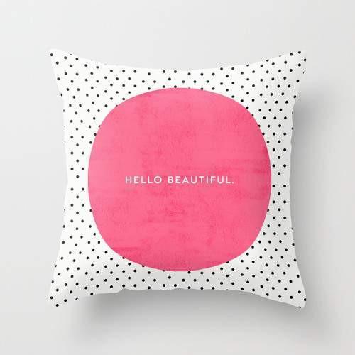 Pink"HELLO BEAUTIFUL" over Polka Bots Throw Pillow | Scorpius