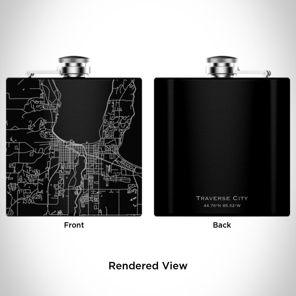 Traverse City - Michigan Engraved Map Hip Flask in Matte Black | Cyan Castor