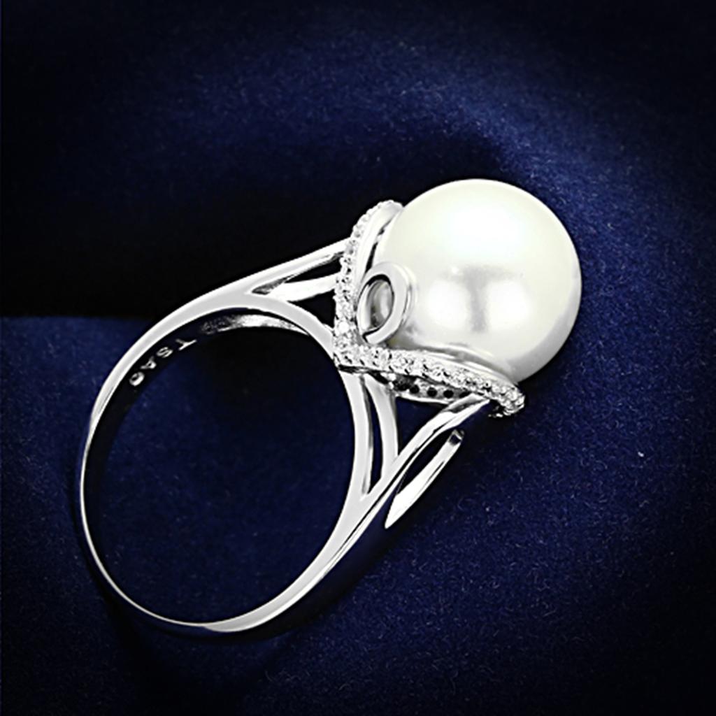 TS154 - Rhodium 925 Sterling Silver Ring with Synthetic Pearl in White | Turquoise Tiger