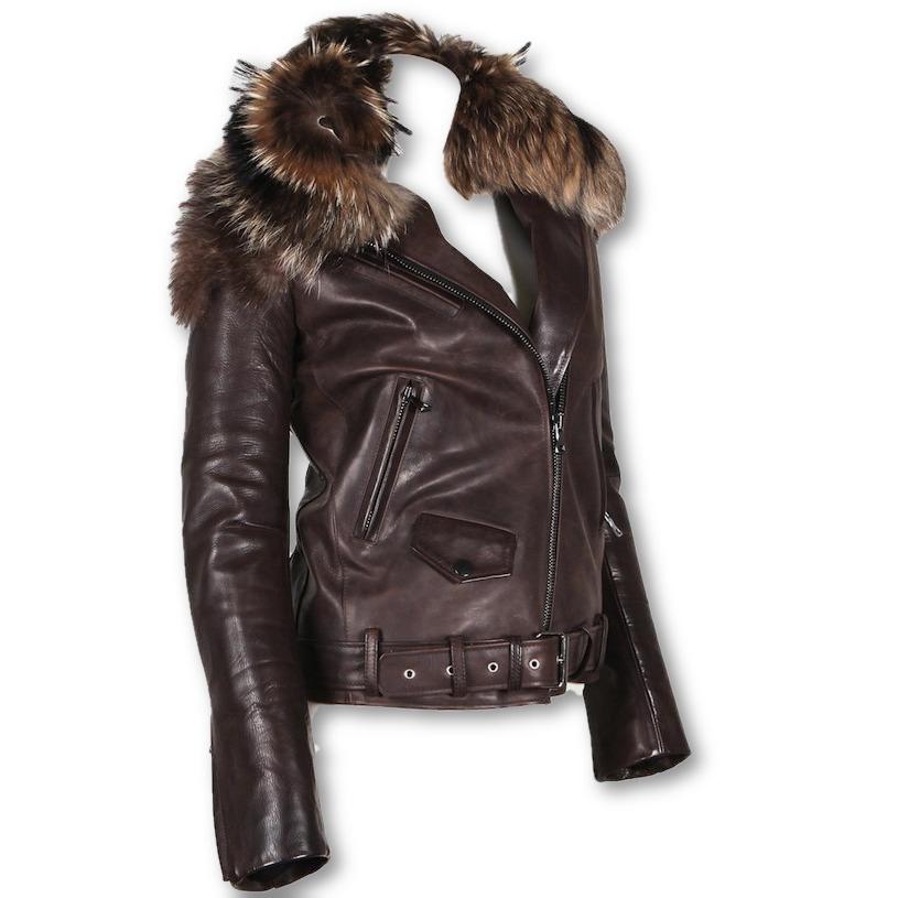 Womens Fur Collar Biker Leather Jacket